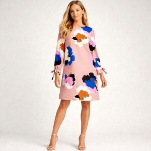 Blush Pink Floral Shift Dress | Long Sleeve Tie Cuff | Spring Wedding Dress